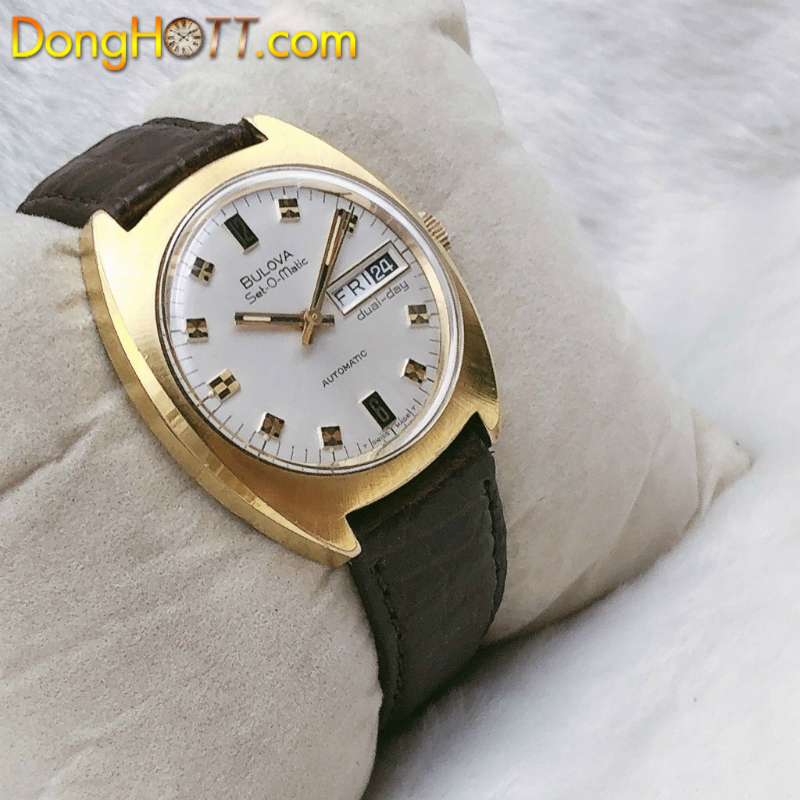 Đồng hồ cổ BULOVA hột vịt 2 lịch Automatic lacke vàng 18k chính hãng Thuỵ Sĩ