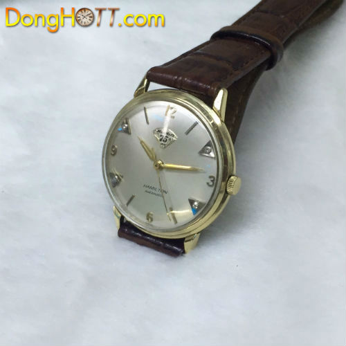 Đồng hồ cổ Hamilton Automatic 75th Year xuất sứ Thuỵ Sĩ với mặt zin trắng có 4 hạt kim cương, 3kim rất đẹp. Vỏ-đáy-núm bọc vàng 10k.