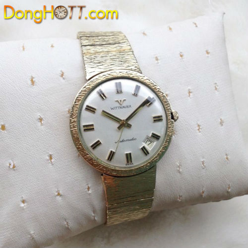 Đồng hồ Wittnauer Automatic Automatic chính hãng Thụy Sĩ sản xuất 1960 vỏ bọc vàng, dây bọc vàng, núm có logo, 3 kim 1 lịch toàn bộ đồng hồ rất đẹp.